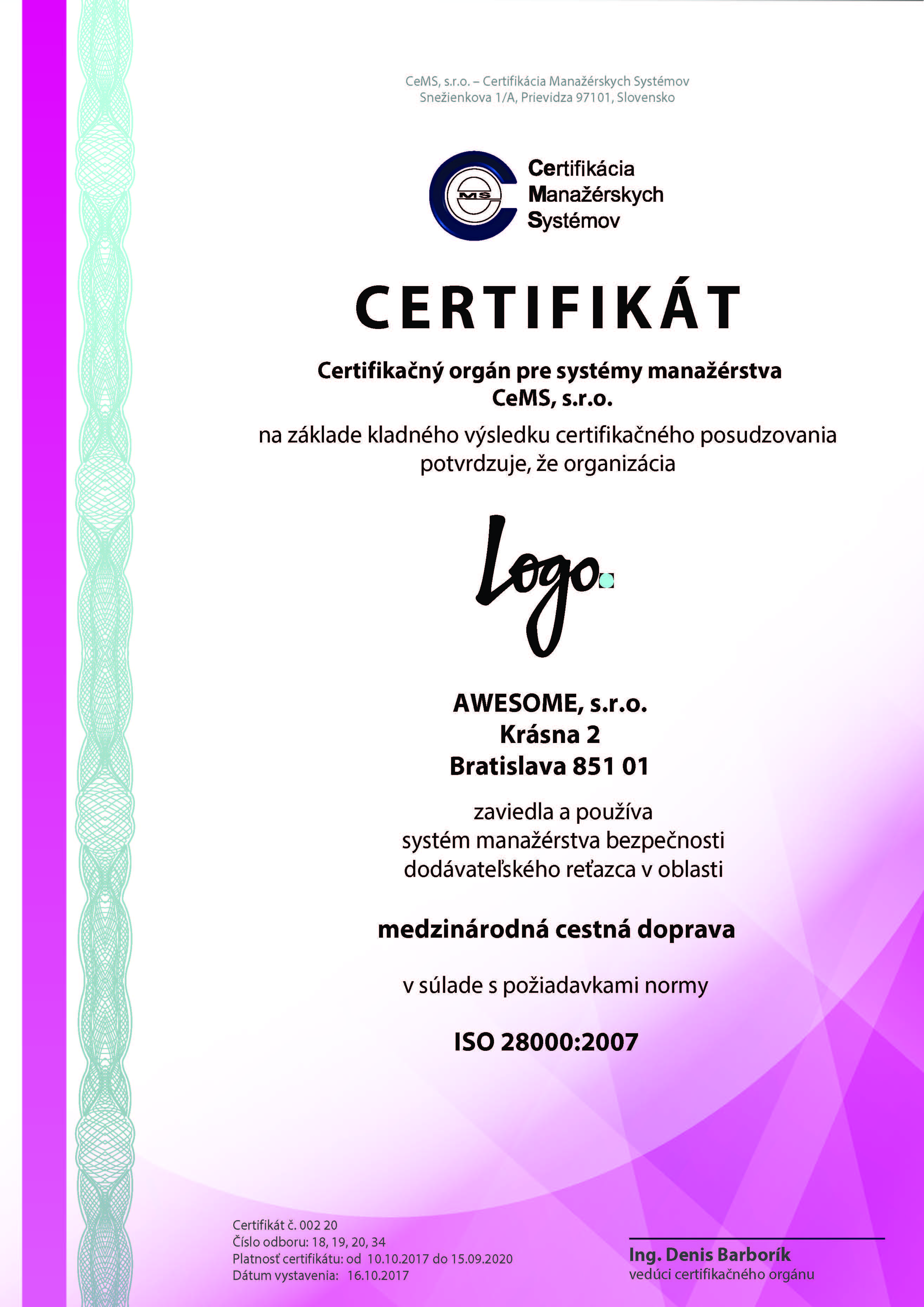 vzor certifikátu ISO 9001 od CeMS